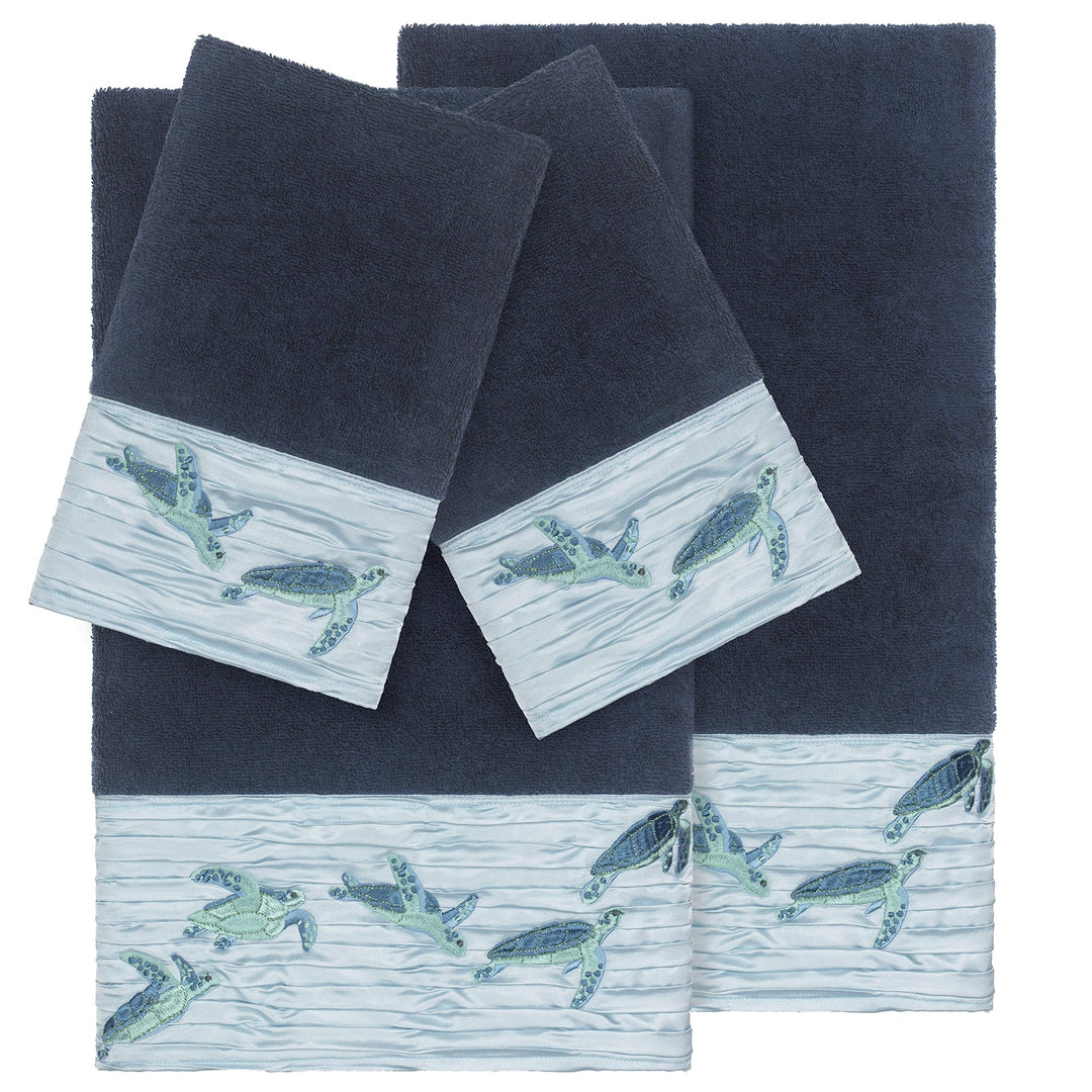 Authentic Hotel and Spa Turkish Cotton Turtles Embroidered Midnight Blue 4-Piece - Diamond Home USA