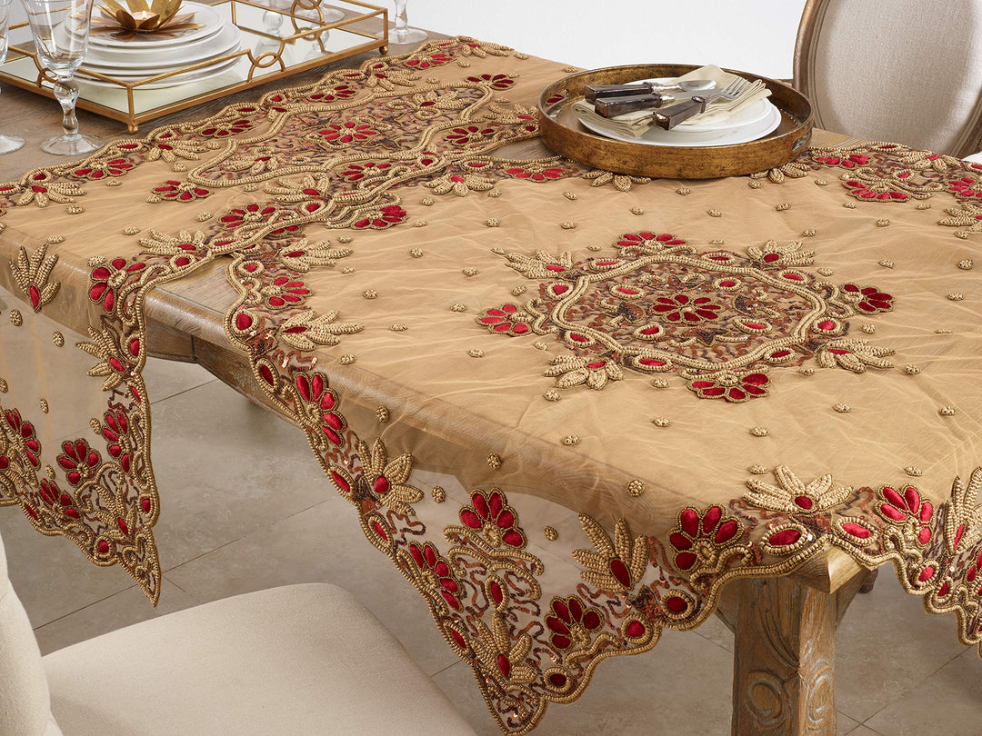 SARO LIFESTYLE Irena Collection Hand Beaded Tablecloth 40" Burgundy - Diamond Home USA