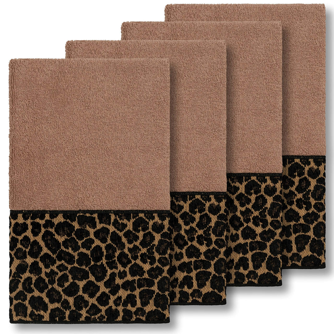 Turkish Cotton Cheetah Jacquard Trim Latte Brown 4-Piece Hand Towel Set Black