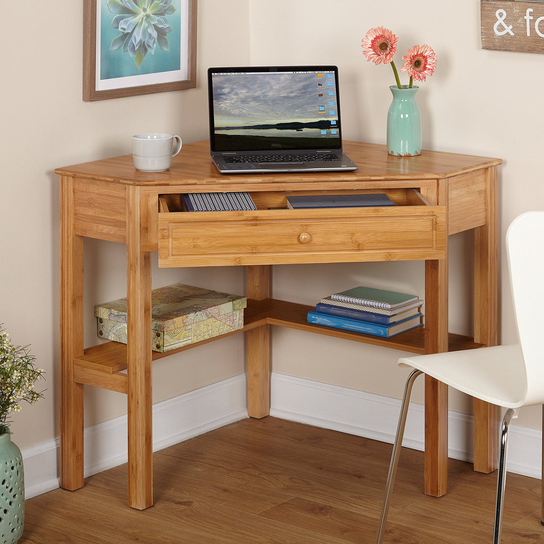 Target Marketing Systems Bamboo Corner Desk with One Drawer and One Storage - Diamond Home USA