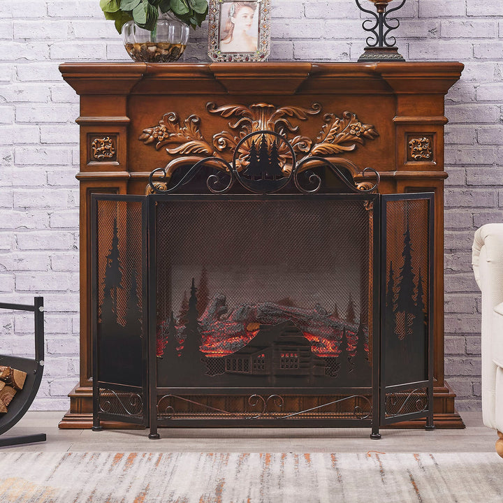 Three Panel Foldable Iron Fireplace Screen 43.7''lx8.66''wx34.65''h Brown