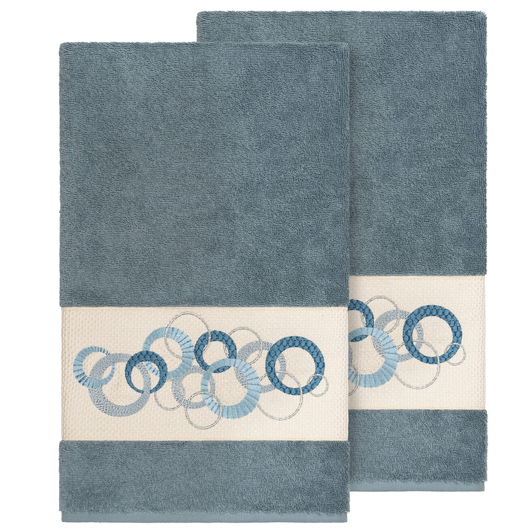Authentic Hotel and Spa Turkish Cotton Circles Embroidered Teal Blue 2-Piece