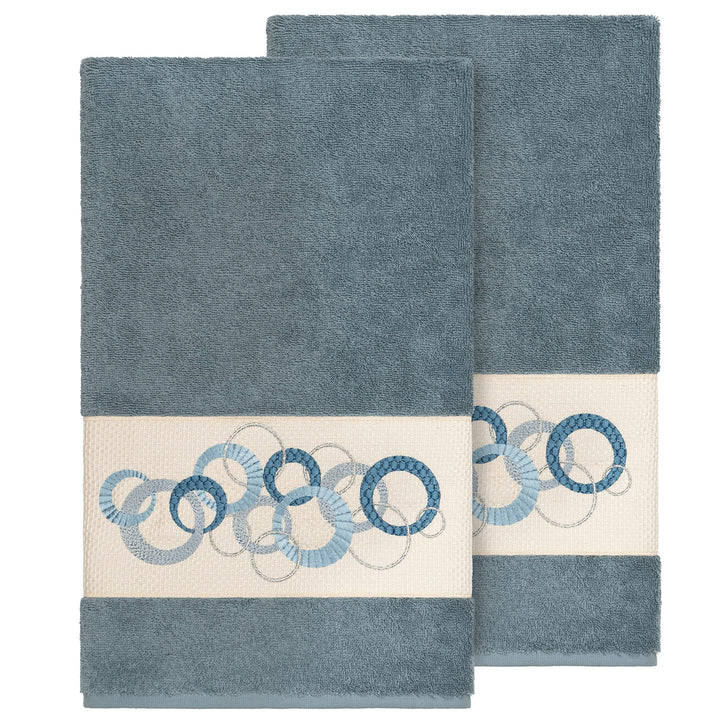 Authentic Hotel and Spa Turkish Cotton Circles Embroidered Teal Blue 2-Piece