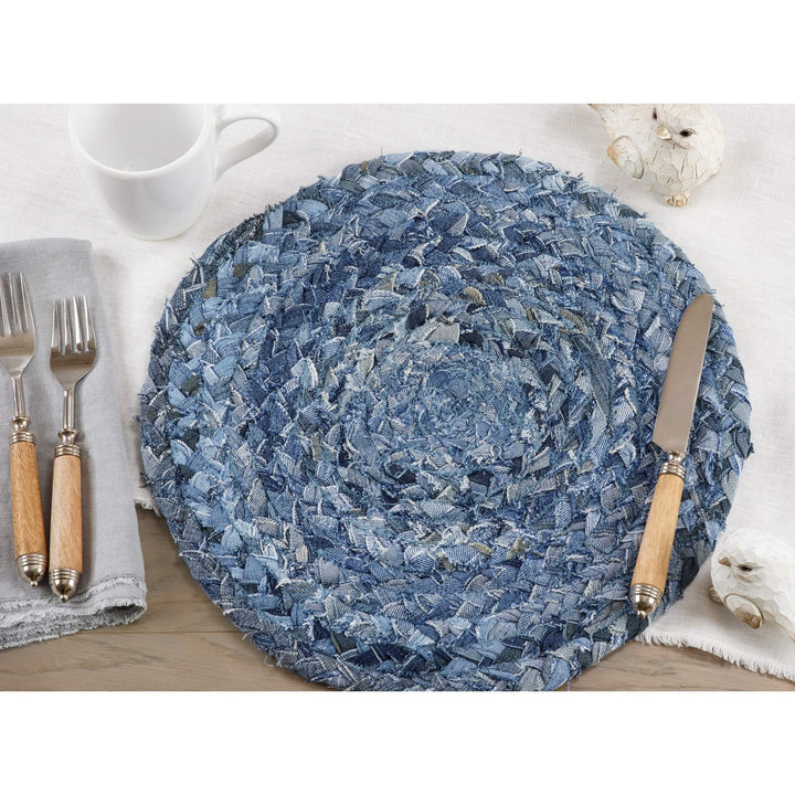 Placemats with Denim Design (Set of 4) Blue Round Cotton - Diamond Home USA