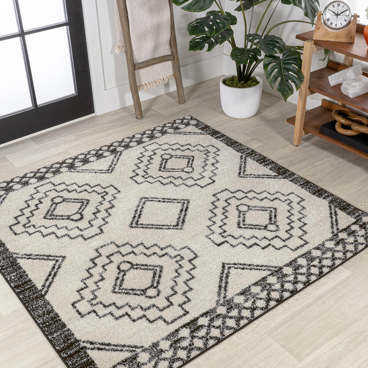 JONATHAN Y MOH200A-8SQ Amir Moroccan Beni Souk Area Rug Bohemian Scandinavian 8' Sqaure - Cream/Black