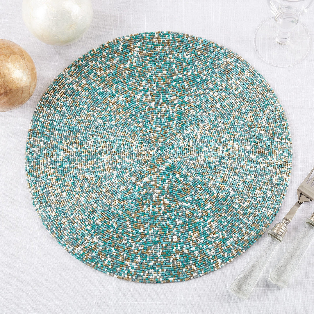 Beaded Design Table Placemats (Set of 4) 15" Blue Round - Diamond Home USA