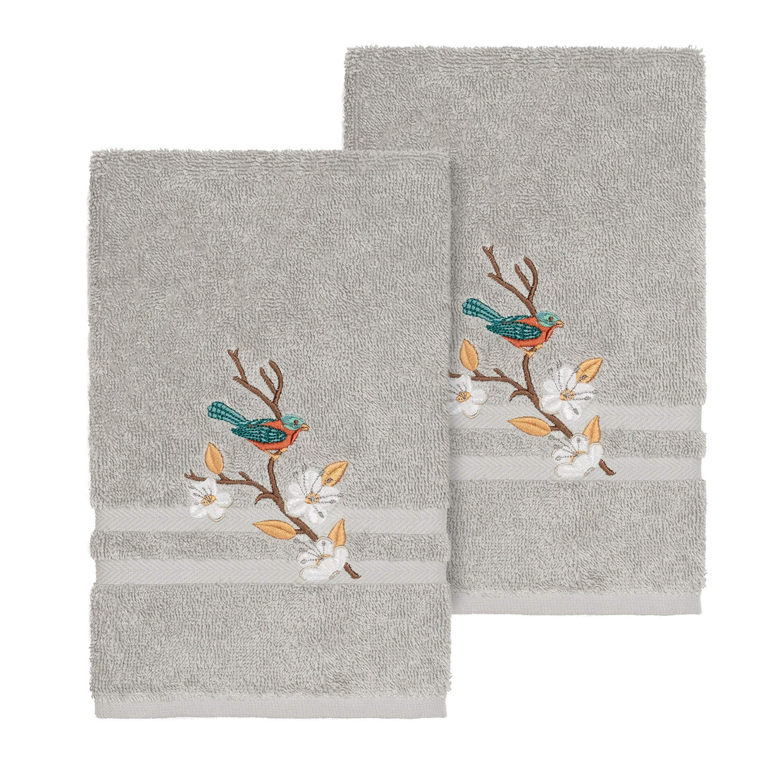 Turkish Cotton Blue Bird Embroidered Light Grey 2-Piece Towel Hand Set Cloth