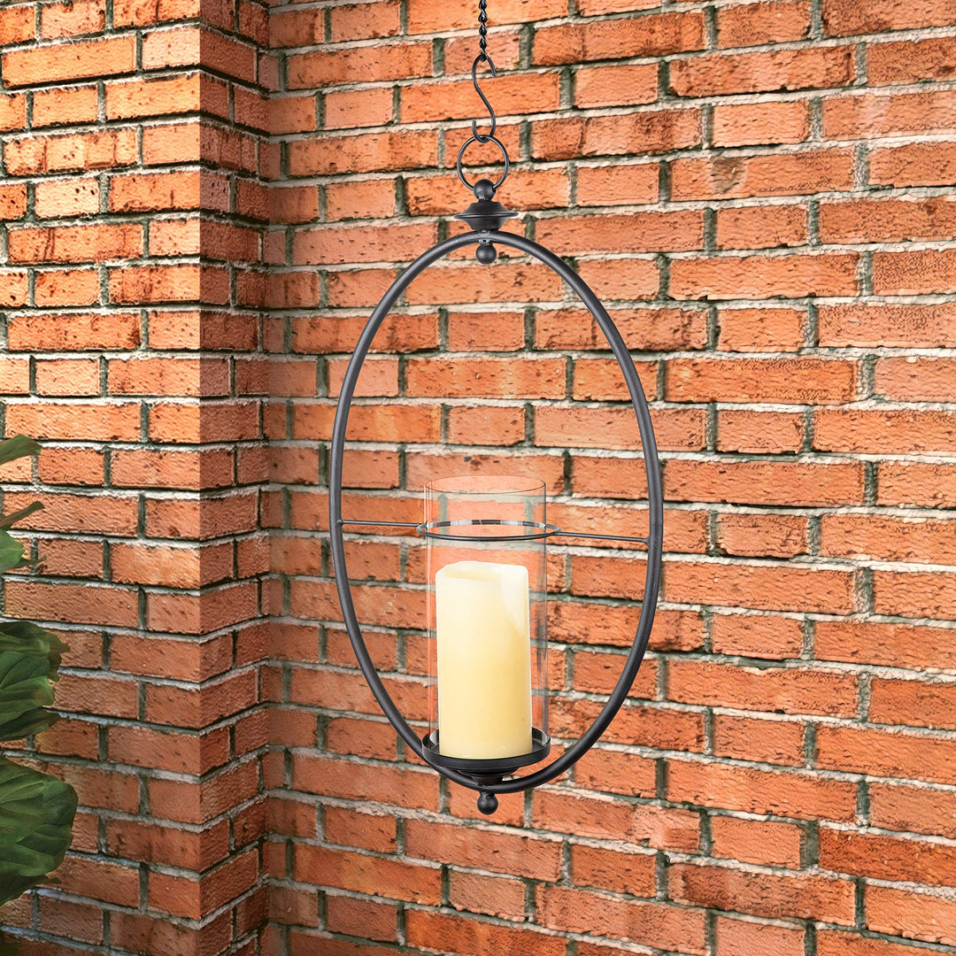 Oval Wrought Iron Glass Hanging Hurricane Sconce for Wall Or Ceiling Black - Diamond Home USA