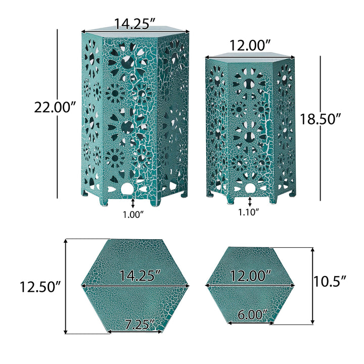 GDFStudio Nestable Outdoor 12 Inch and 14 Inch Sunburst Iron Side Table Set Teal - Diamond Home USA