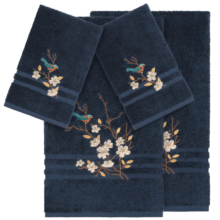 Turkish Cotton Blue Bird Embroidered Midnight 4-Piece Towel Set Terry Cloth