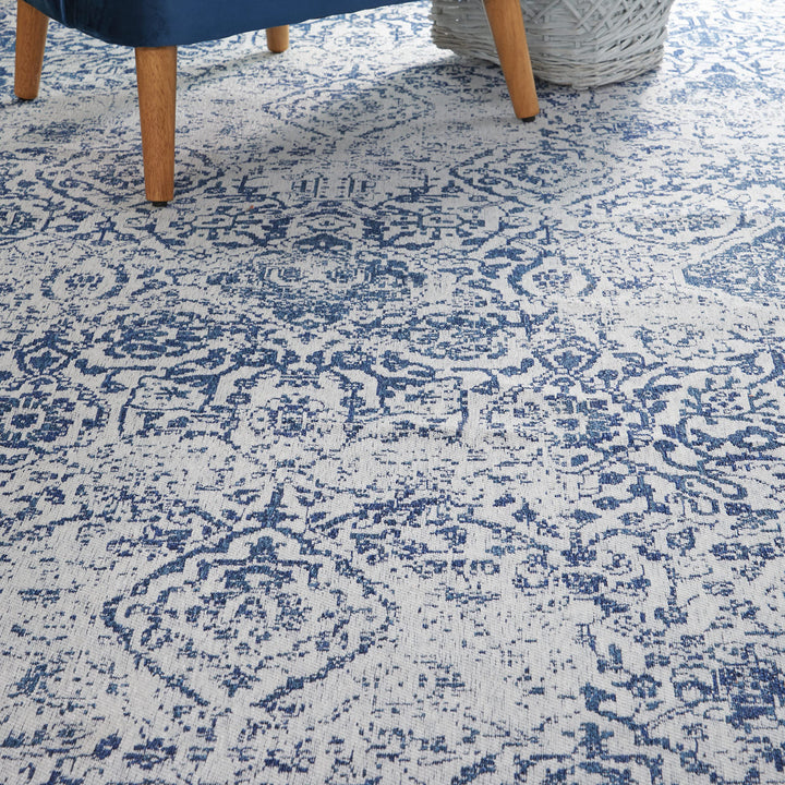 Nourison Damask Vintage Ivory/Navy 6' x 9' Area Rug Easy Cleaning Non Shedding - Diamond Home USA