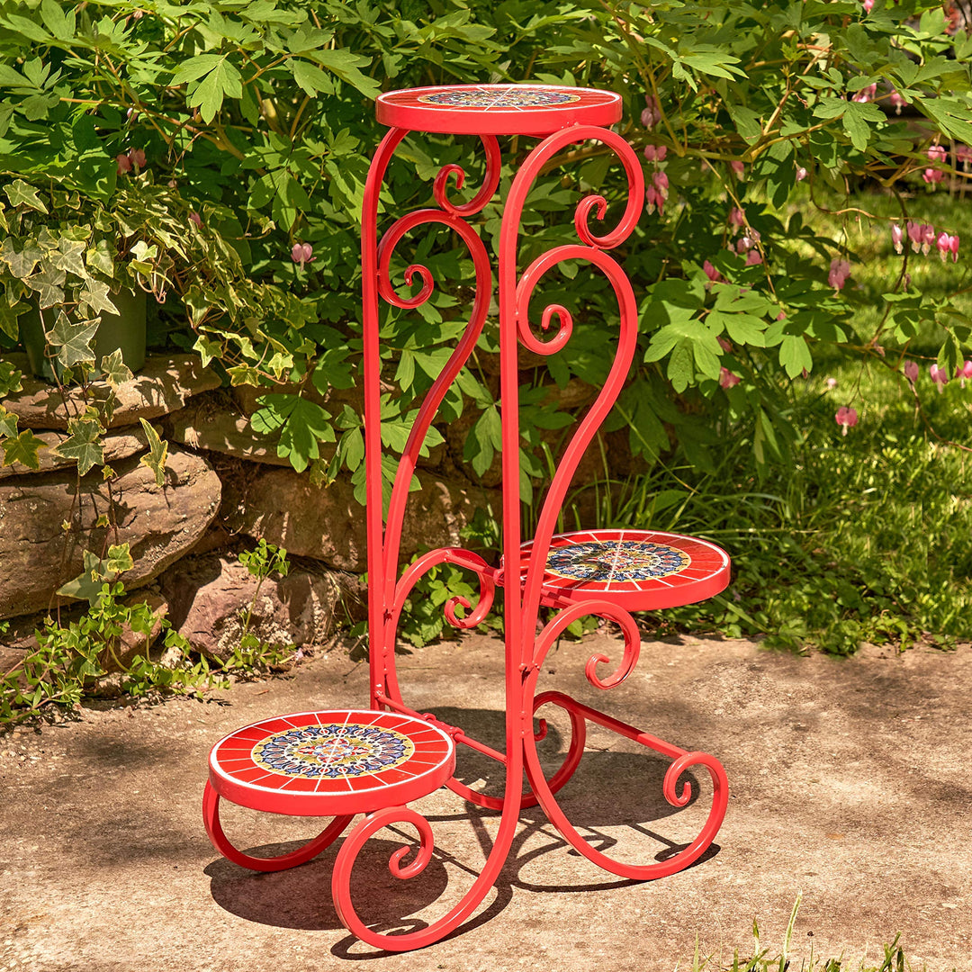 Set of 2 Paris Ii Mosaic Plant Stands Large Red Round Iron