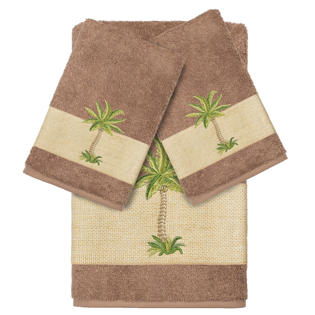Turkish Cotton Palm Tree Embroidered Latte Brown 3-Piece Towel Set