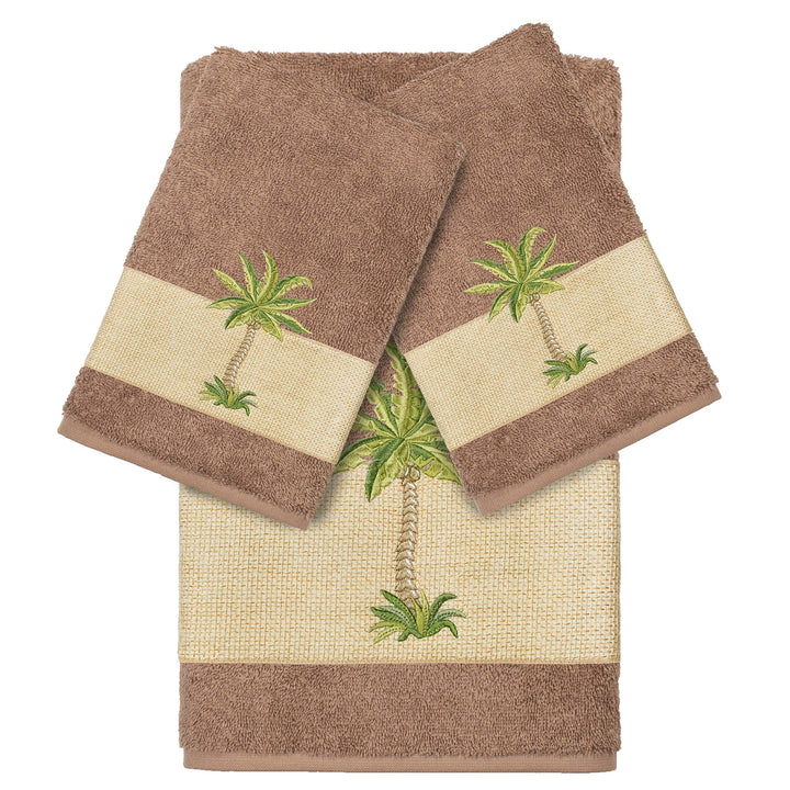 Turkish Cotton Palm Tree Embroidered Latte Brown 3-Piece Towel Set