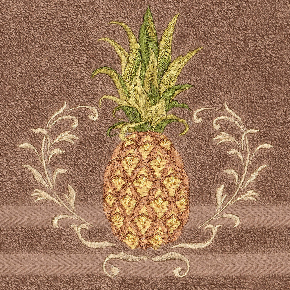 Turkish Cotton Pineapple Embroidered Latte Brown 4-Piece Hand Towel Set Terry - Diamond Home USA