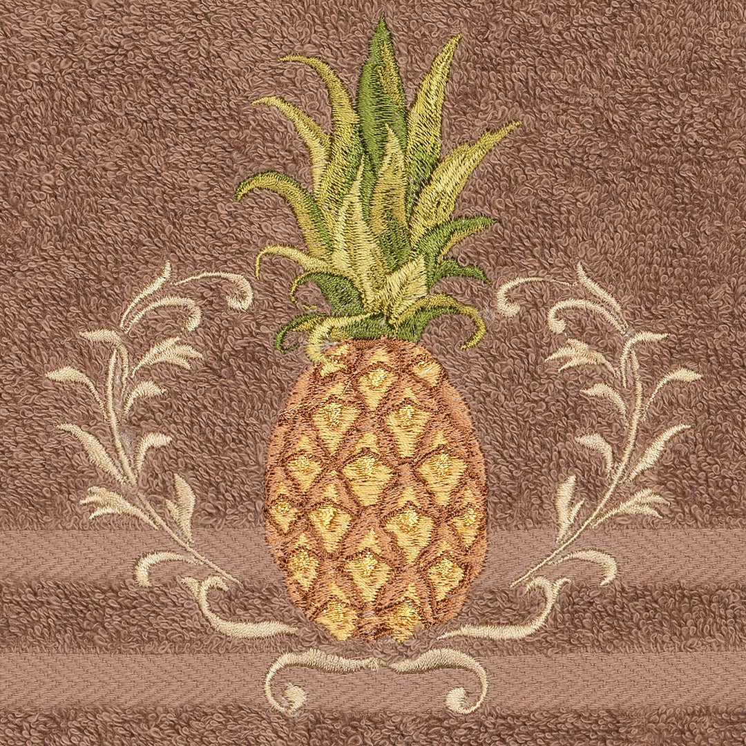 Turkish Cotton Pineapple Embroidered Latte Brown 4-Piece Hand Towel Set Terry - Diamond Home USA