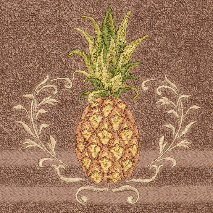 Turkish Cotton Pineapple Embroidered Latte Brown 4-Piece Hand Towel Set Terry - Diamond Home USA