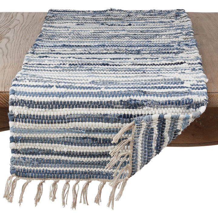 Rag Table Runner with Tassels Denim Blue White Striped Cotton Rags Fringed - Diamond Home USA