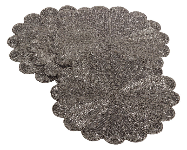 SARO LIFESTYLE Pewter Flower Design Beaded Placemat - 15" Round 4 Ct. Pewter - Set of 4