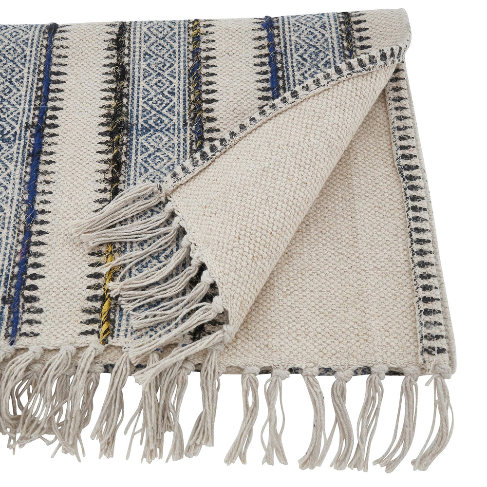 Embroidered Table Runner with Block Print Design Blue Cotton - Diamond Home USA