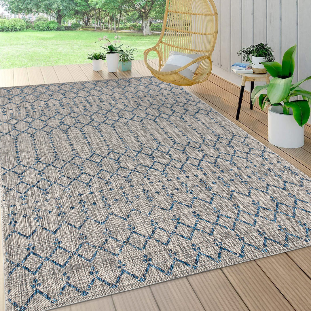 JONATHAN Y SMB108A-9 Ourika Moroccan Geometric Textured Weave Indoor Outdoor 9 X 12 - Light Gray/Navy
