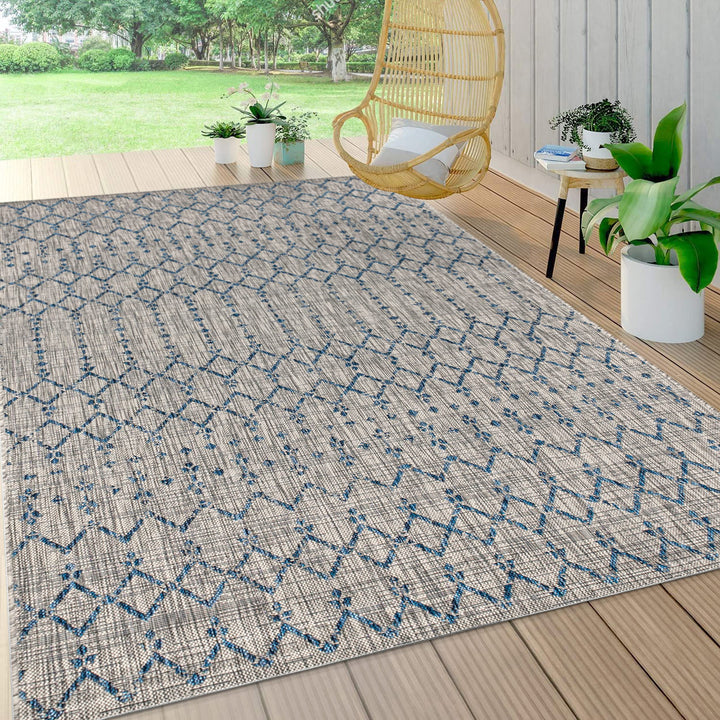 JONATHAN Y SMB108A-9 Ourika Moroccan Geometric Textured Weave Indoor Outdoor 9 X 12 - Light Gray/Navy