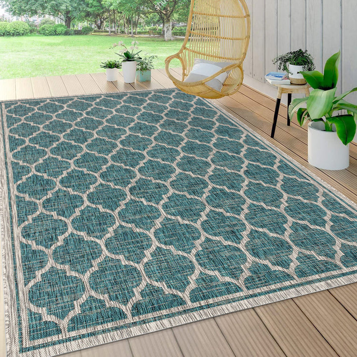 JONATHAN Y SMB109E-9 Trebol Moroccan Trellis Textured Weave Indoor Outdoor 9 X 12 - Teal/Gray