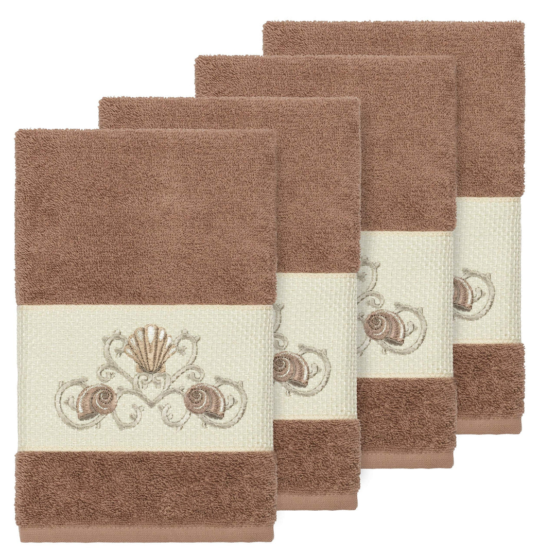 Turkish Cotton Shells Embroidered Latte Brown 4-Piece Hand Towel Set Terry Cloth