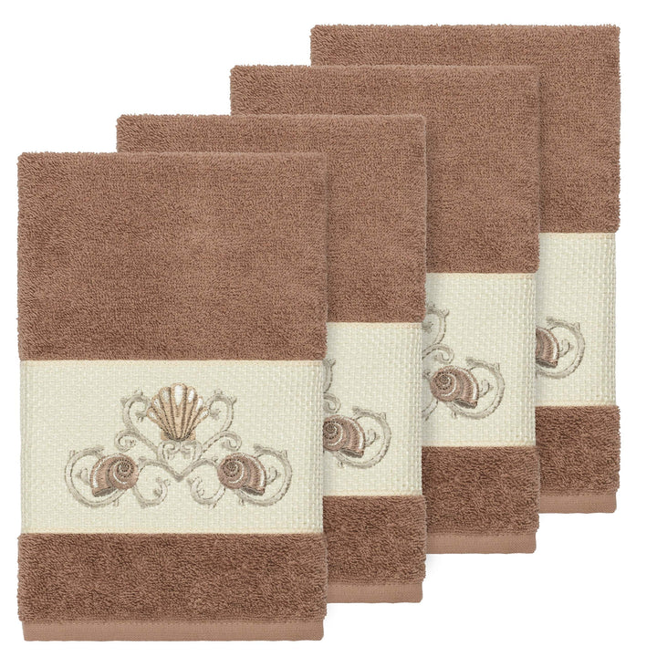 Turkish Cotton Shells Embroidered Latte Brown 4-Piece Hand Towel Set Terry Cloth