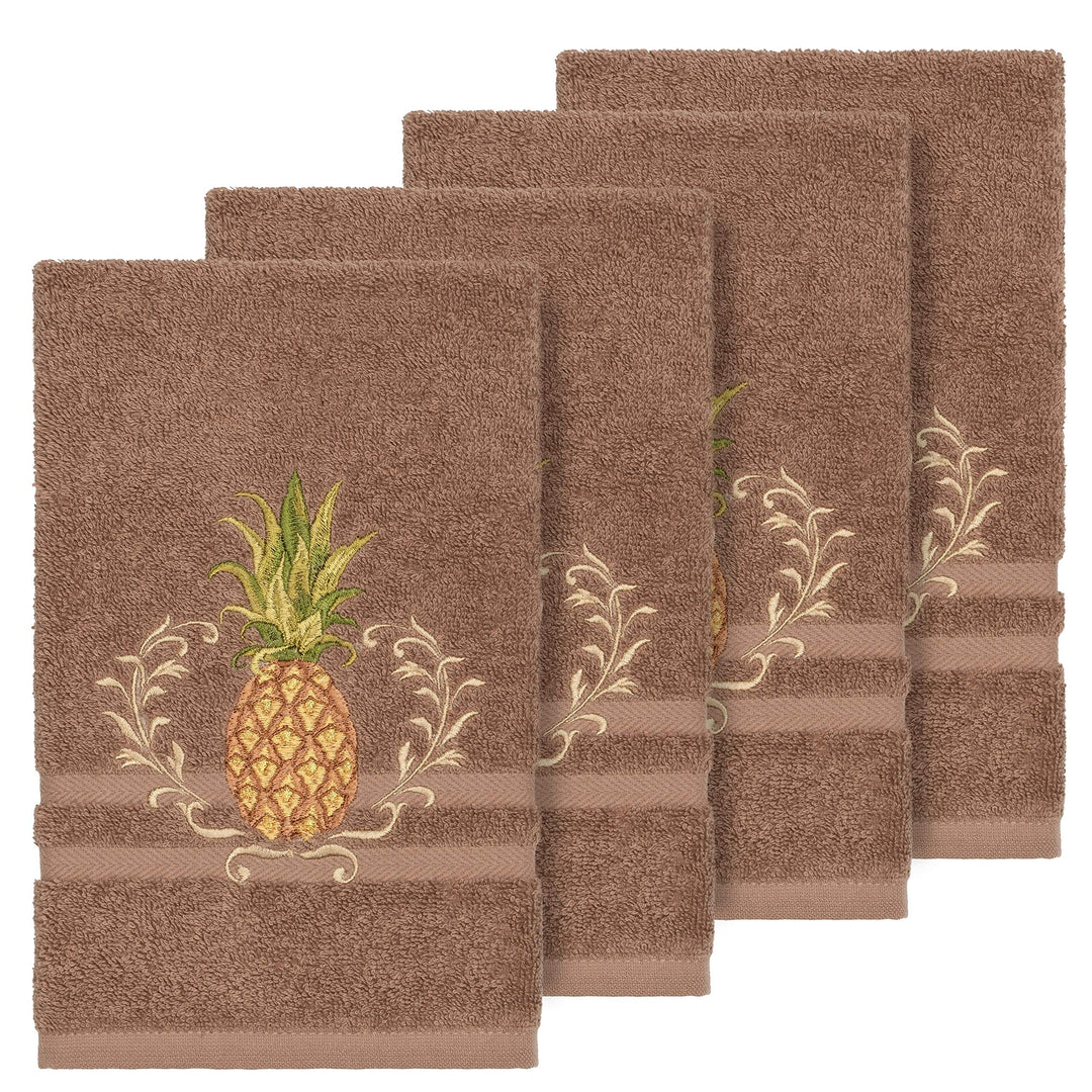 Turkish Cotton Pineapple Embroidered Latte Brown 4-Piece Hand Towel Set Terry