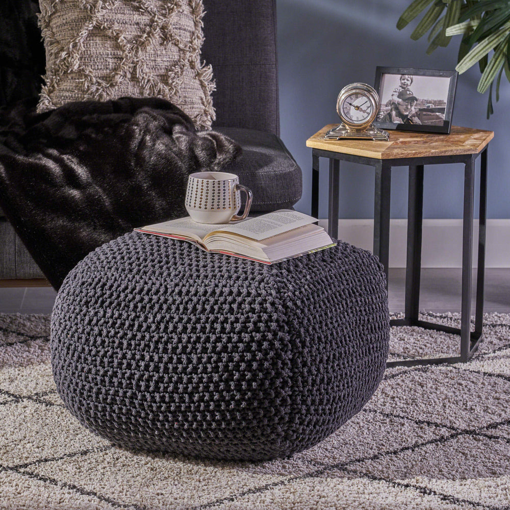 Christopher Knight Home Joyce Knitted Cotton Square Pouf Dark Grey Small - Diamond Home USA