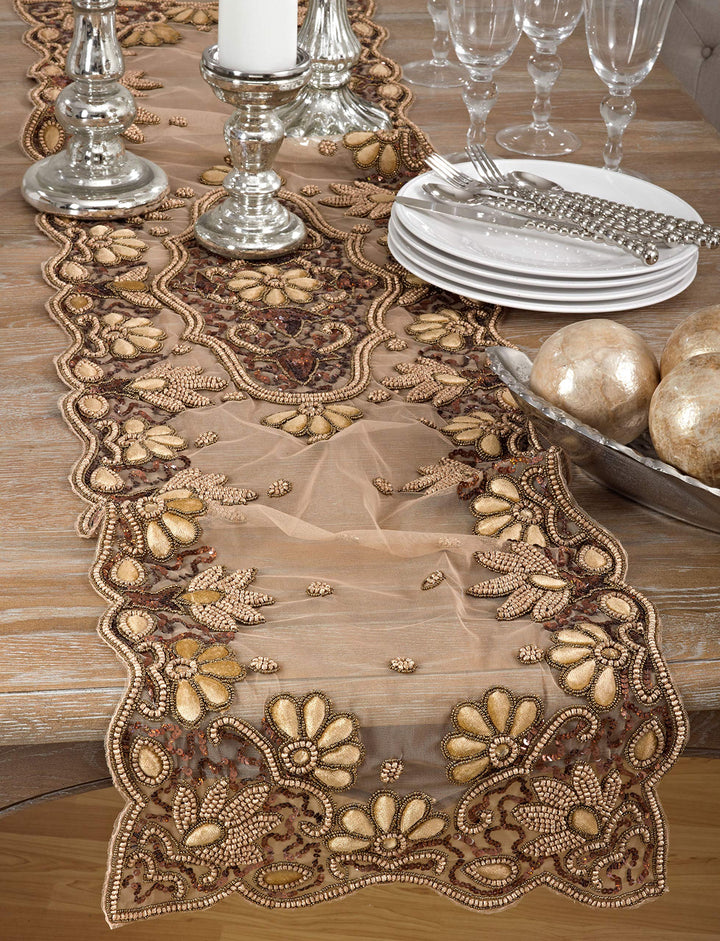 SARO LIFESTYLE Irena Collection Hand Beaded Design Table Runner 16" x 90" Gold - Diamond Home USA