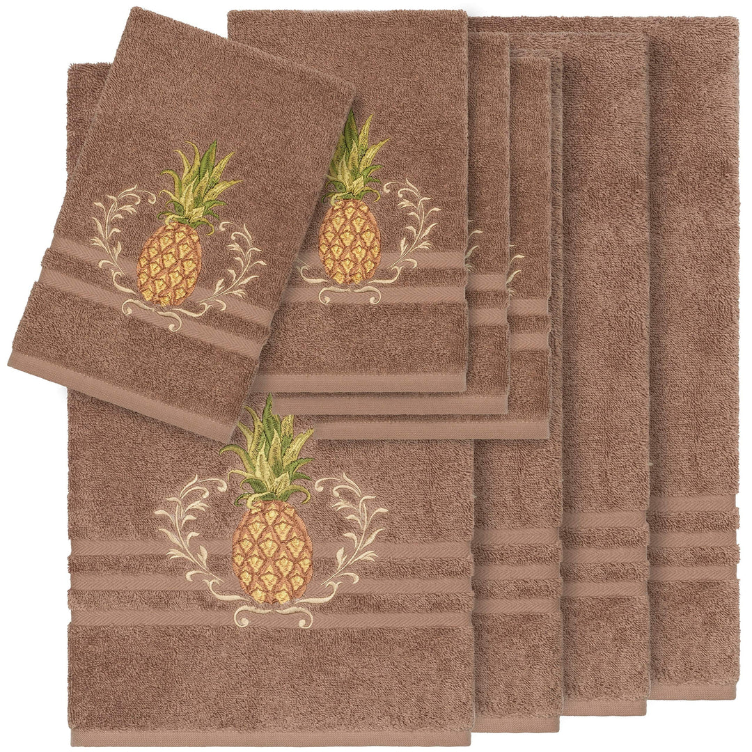 Turkish Cotton Pineapple Embroidered Latte Brown 8-Piece Towel Set Terry Cloth