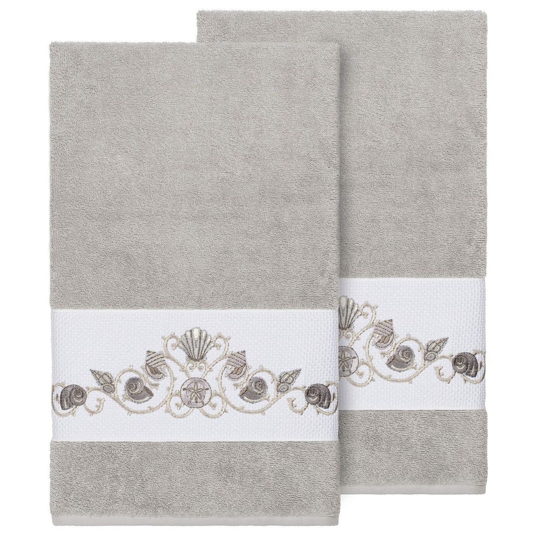 Turkish Cotton Shells Embroidered Light Grey 2-Piece Bath Towel Set Cloth