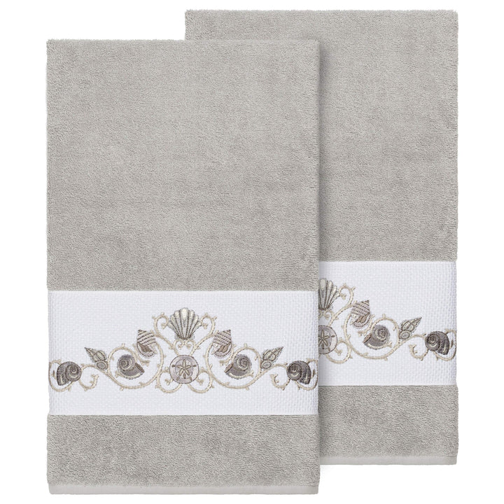 Turkish Cotton Shells Embroidered Light Grey 2-Piece Bath Towel Set Cloth