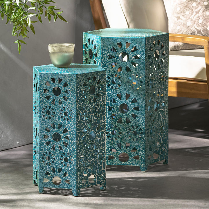 GDFStudio Nestable Outdoor 12 Inch and 14 Inch Sunburst Iron Side Table Set Teal - Diamond Home USA