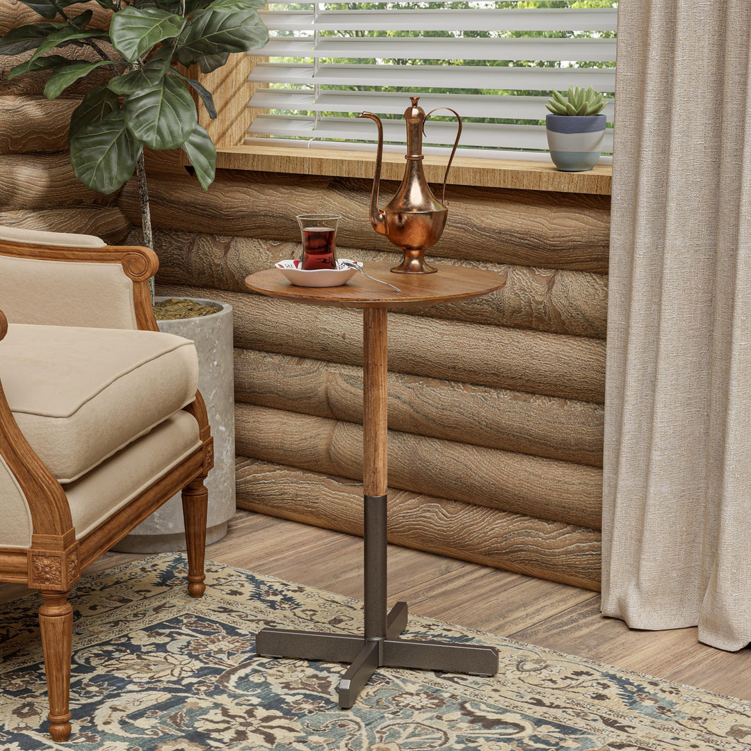 Small Pedestal End Table Modern Drink with Solid Fir Wood Top and Metal Base - Diamond Home USA