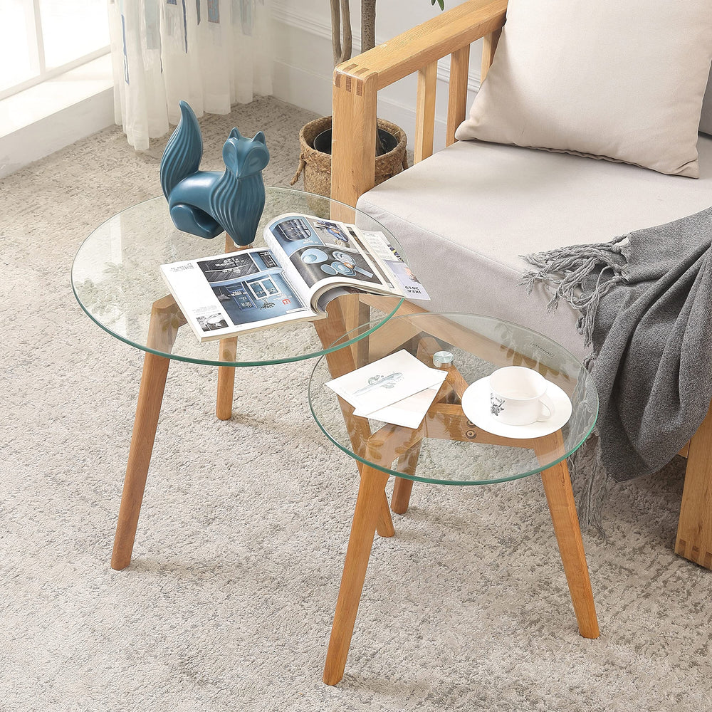 Round Wood/Tempered Glass Nesting Coffee Table (Set of 2) Natural Modern - Diamond Home USA