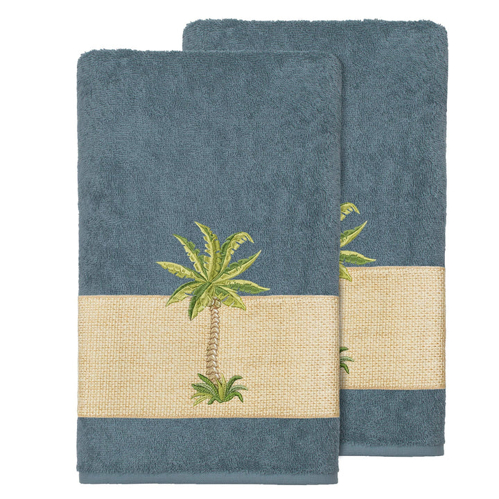 Turkish Cotton Palm Tree Embroidered Teal Bath Towels (Set of 2) Blue