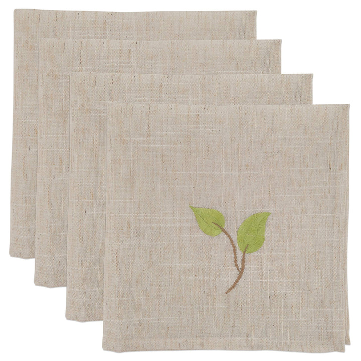 Embroidered Table Napkins with Vine Design (Set of 4) - 20" X Brown Square Linen - Diamond Home USA