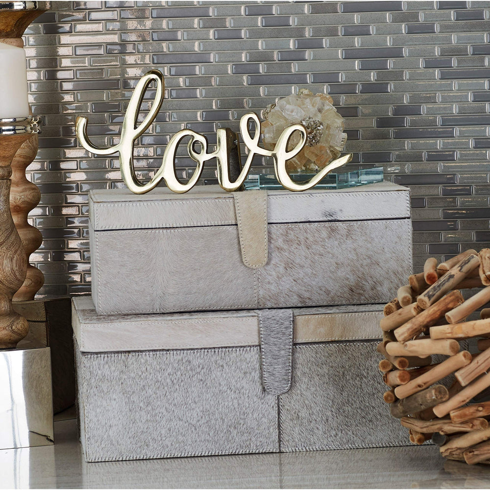 Set Of 2 Natural 17 And 14 Inch Leather Boxes By Black Modern Contemporary Grey - Diamond Home USA