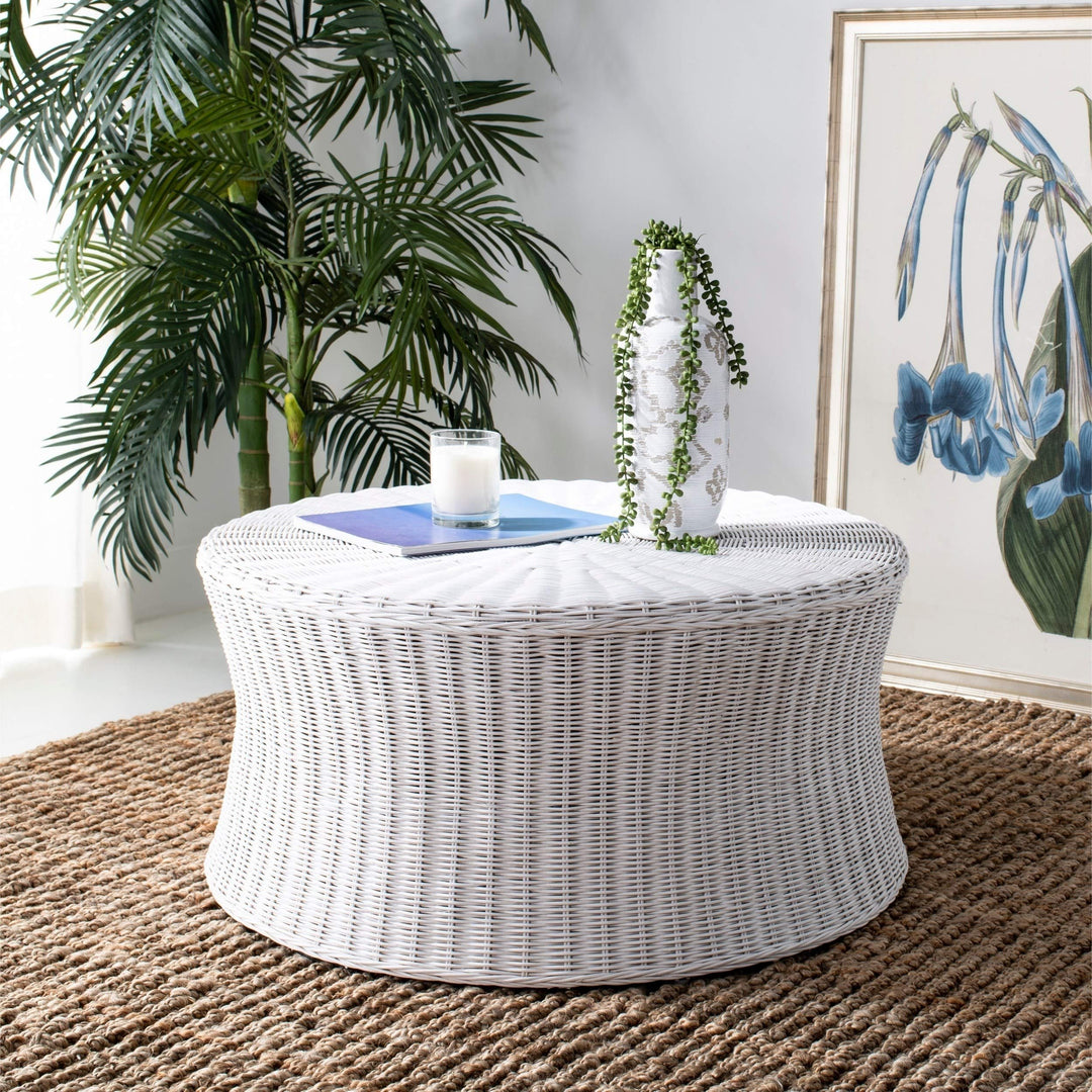 Round Wicker Ottoman White Large Rattan Coffee Table Rounded Shape Circular