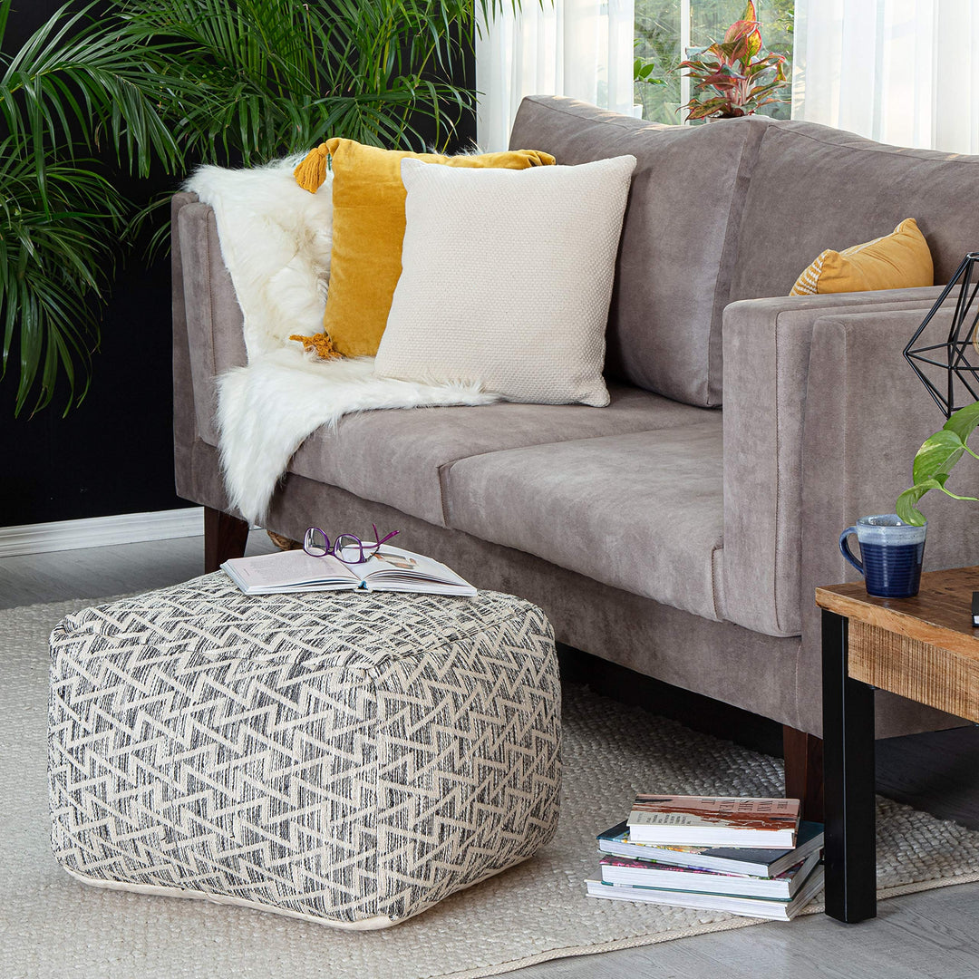 Square 22" X 16" Pouf Black Off/White Bohemian Eclectic Modern Contemporary