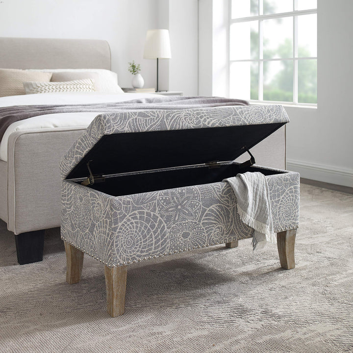 Stone Upholstered Storage Ottoman Grey Animal Print Nautical Coastal