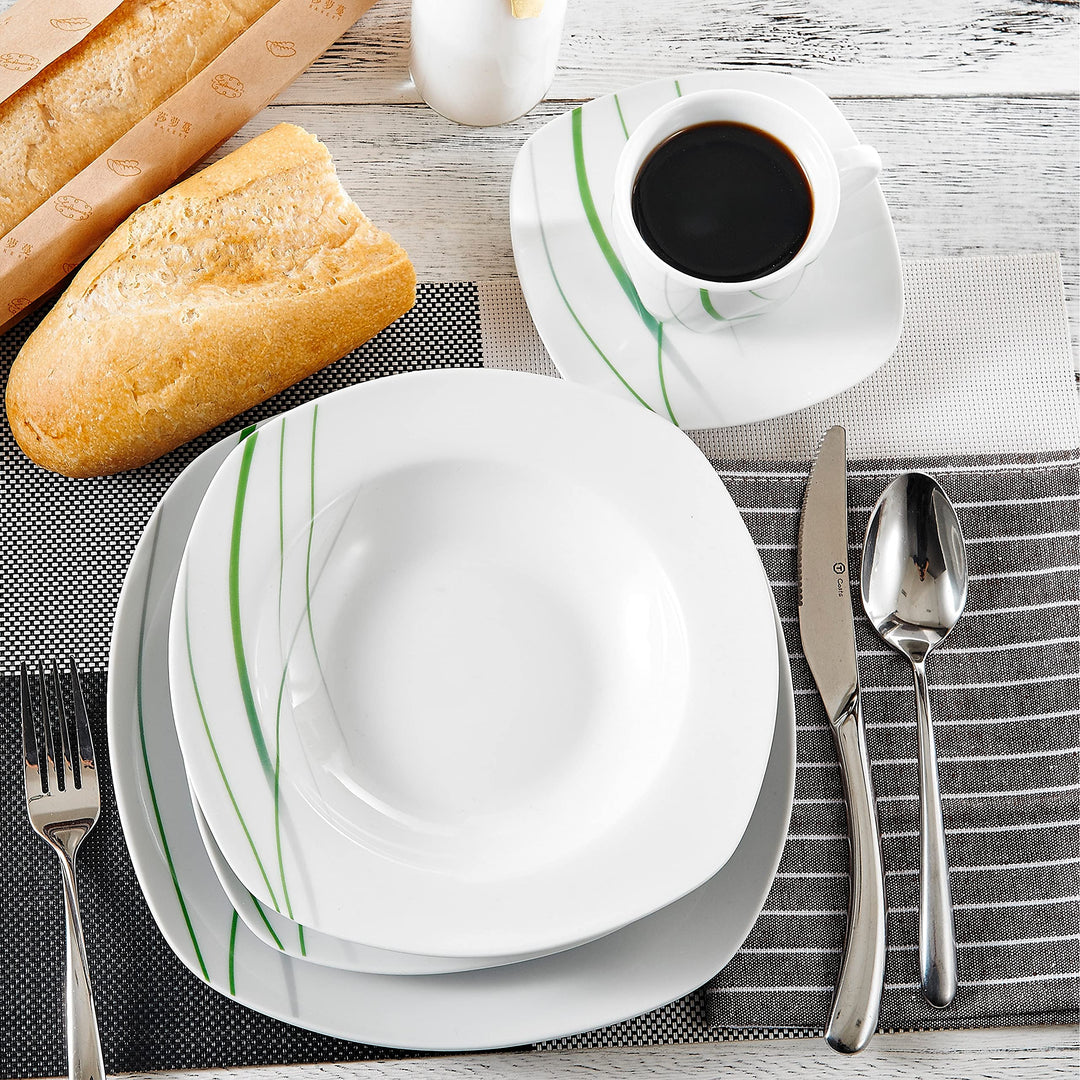 60-piece Ceramic Dinnerware Set Green Stripe Patterns Plate Sets White Solid - Diamond Home USA