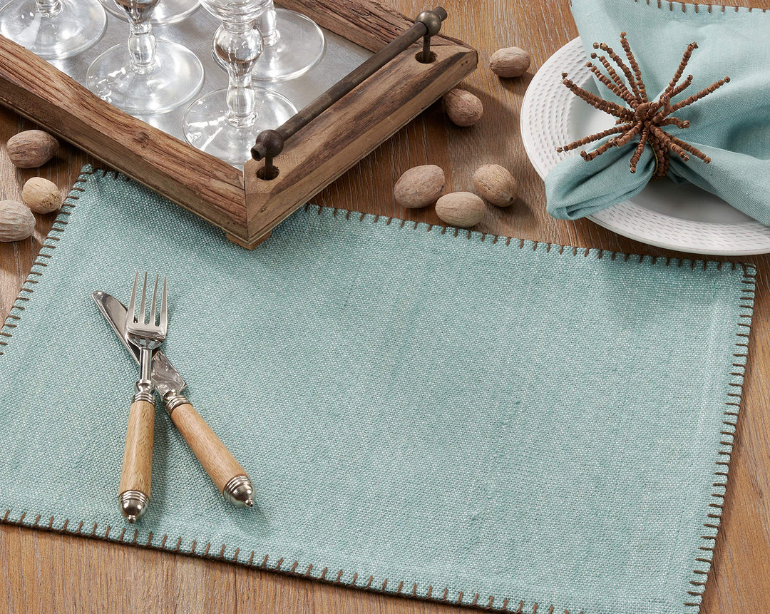 Saro Lifestyle Whip Stitched Design Cotton Placemat (Set of 4) Aqua 13"x19" - Diamond Home USA