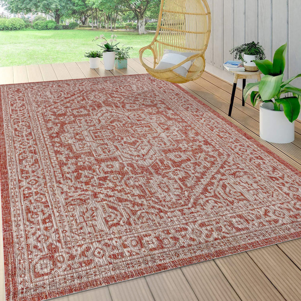 JONATHAN Y SMB101A-9 Sinjuri Medallion Textured Weave Indoor Outdoor Area-Rug 9 X 12 - Red/Taupe