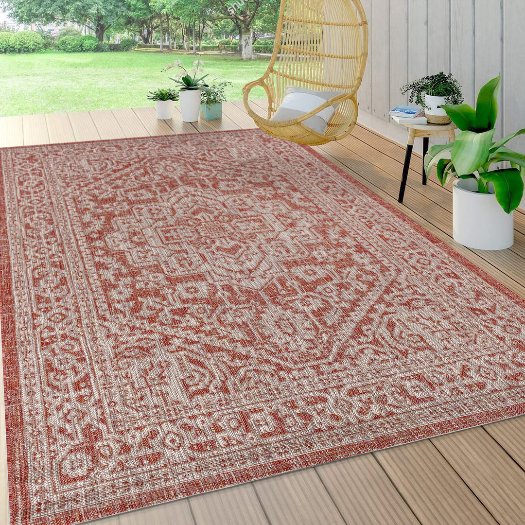 JONATHAN Y SMB101A-9 Sinjuri Medallion Textured Weave Indoor Outdoor Area-Rug 9 X 12 - Red/Taupe