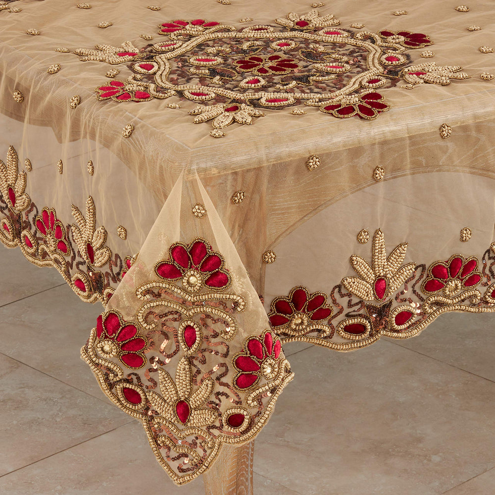 SARO LIFESTYLE Irena Collection Hand Beaded Tablecloth 40" Burgundy - Diamond Home USA