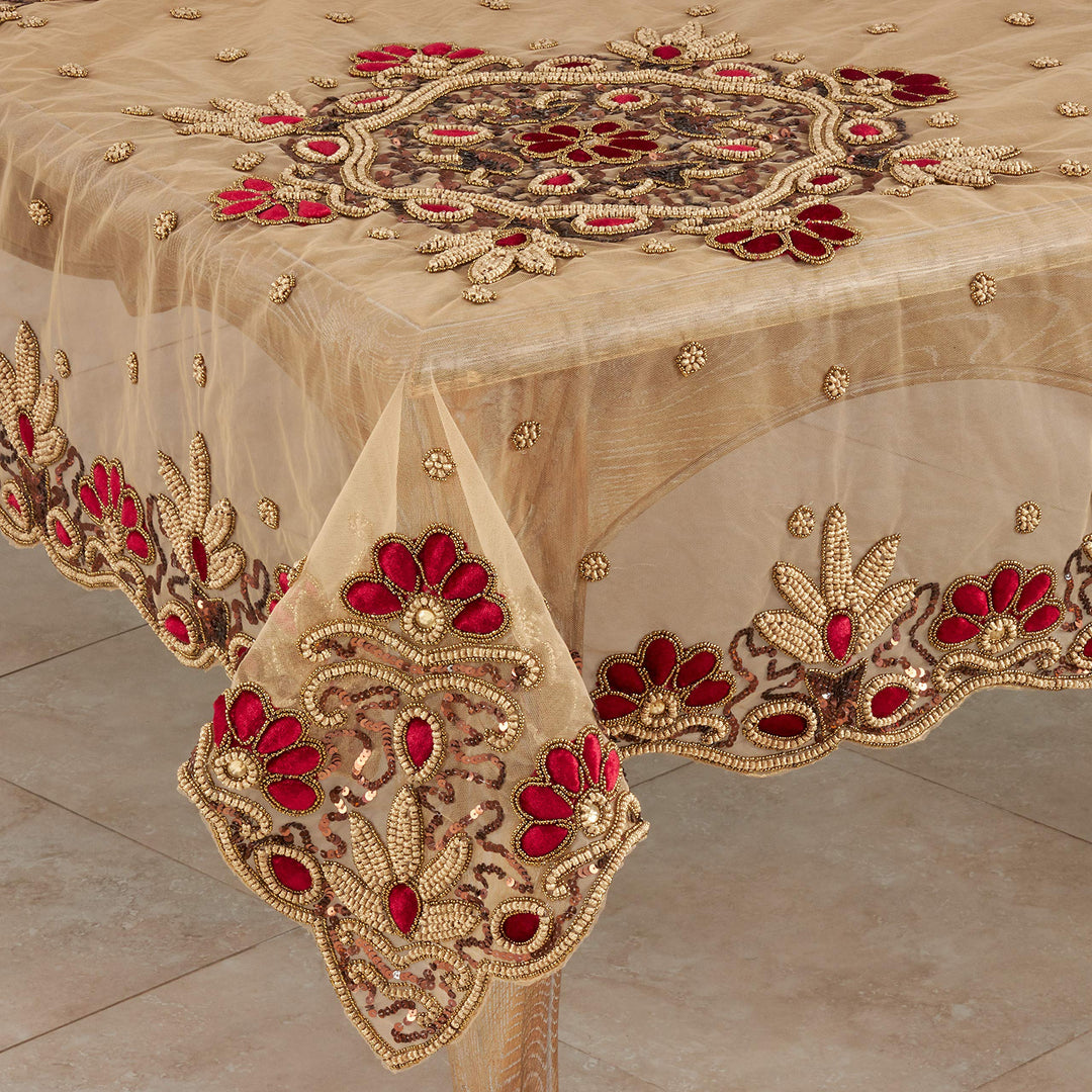 SARO LIFESTYLE Irena Collection Hand Beaded Tablecloth 40" Burgundy - Diamond Home USA